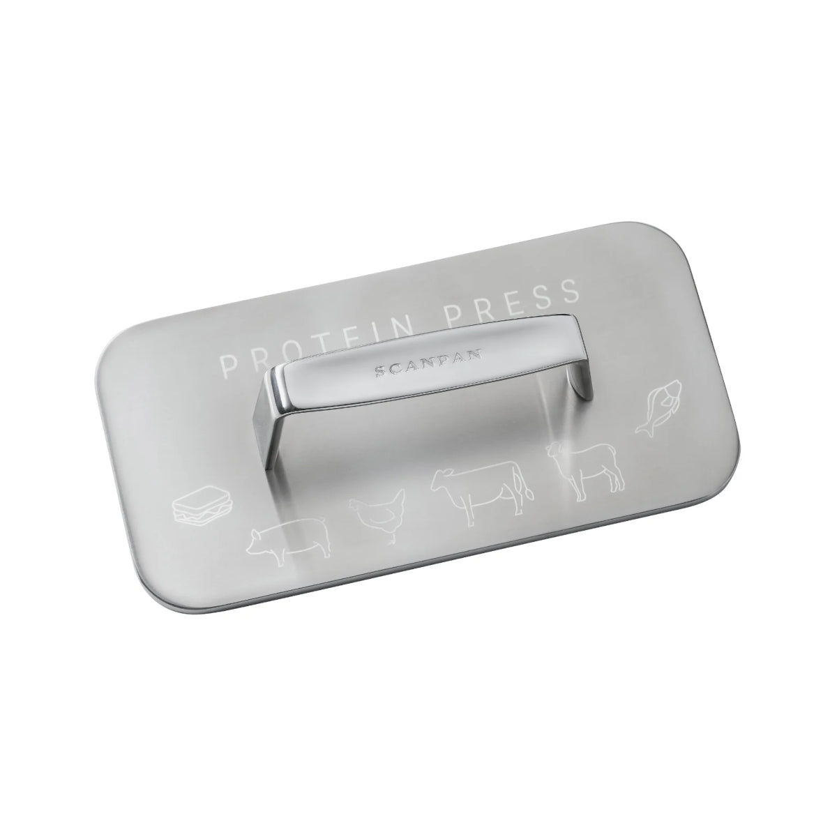 Front view of Scanpan Impact Protein Press Rectangle 24 x 12cm in stainless steel with flat pressing surface