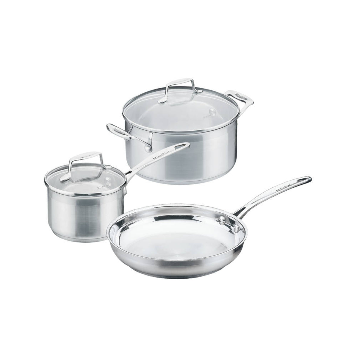 Scanpan Impact 3 piece stainless steel cookware set with saucepan, casserole pot and frypan with glass lids