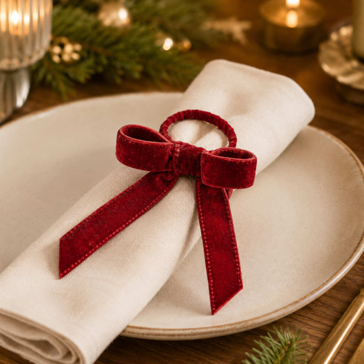 Gala Velvet Bow Napkin Ring Metal/Fabric Red 12cm | Minimax