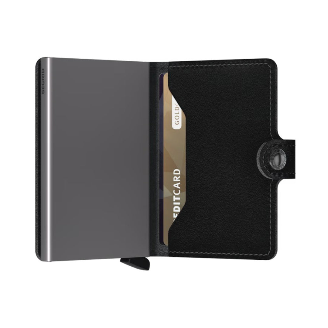 Secrid Miniwallet Original Black leather RFID wallet with aluminium card protector and snap closure