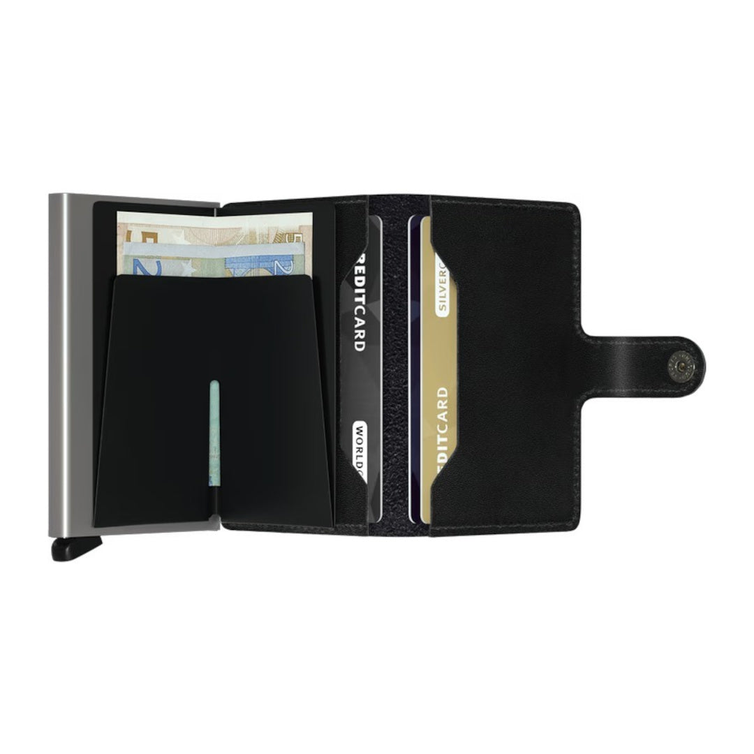 Secrid Miniwallet Original Black leather RFID wallet with aluminium card protector and snap closure