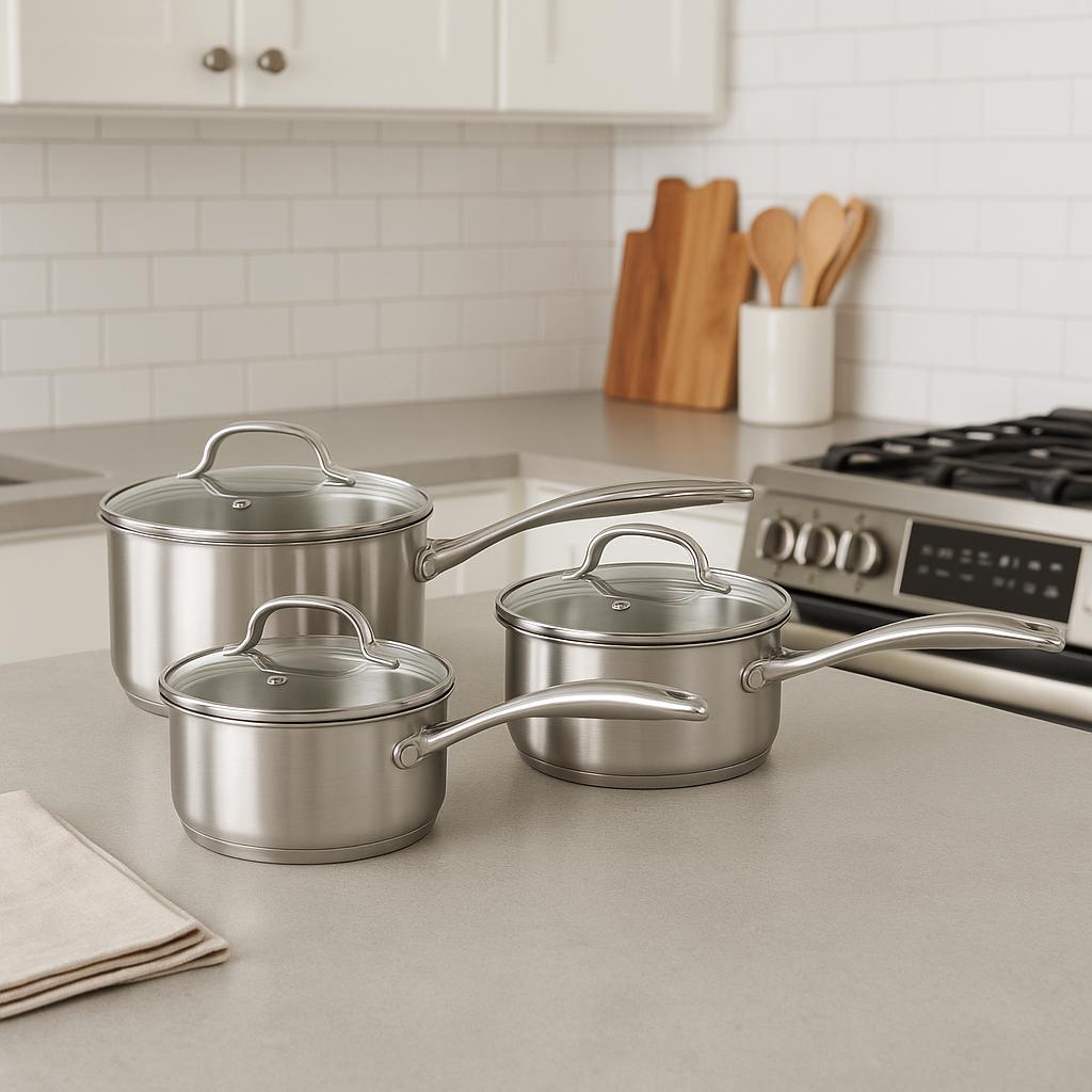 Swiss Diamond Premium Steel Induction Saucepan Set of 3 - Set of stainless steel cookware on a kitchen counter with an oven in the background.
