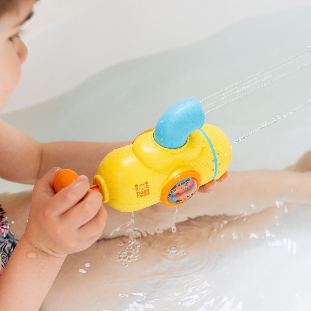 Tiger Tribe Tub Sub Bath Toy in yellow and blue with water-spraying submarine design