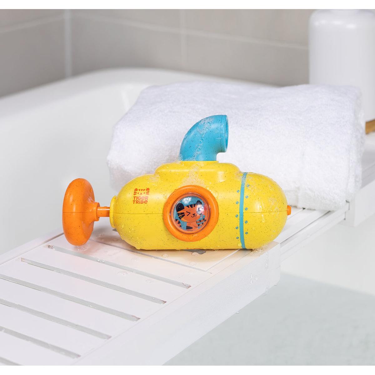 Tiger Tribe Tub Sub Bath Toy in yellow and blue with water-spraying submarine design