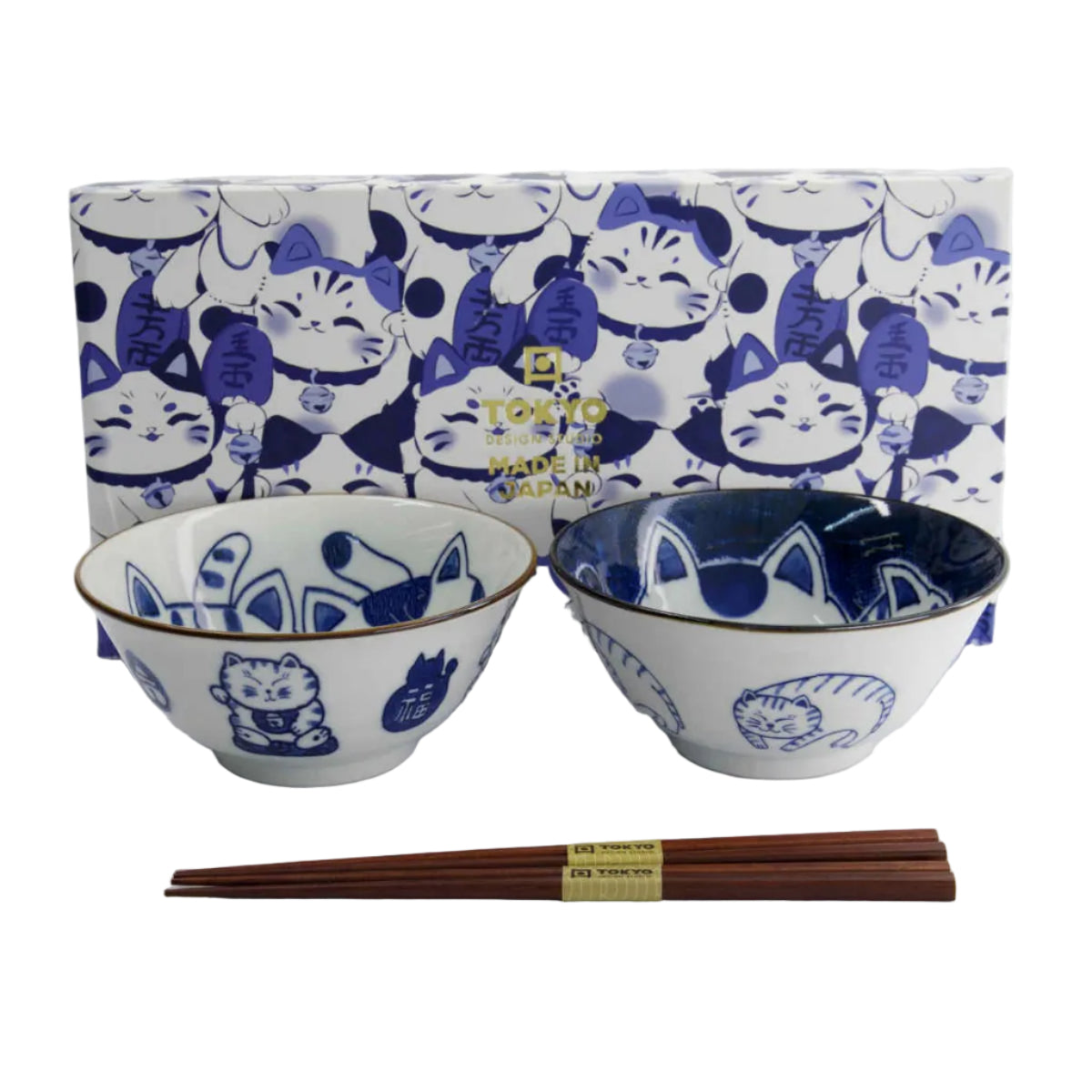 Tokyo Design Kawaii Neko Cat Bowl 2pc With Chopsticks Twin Cat Gift Boxed | Minimax