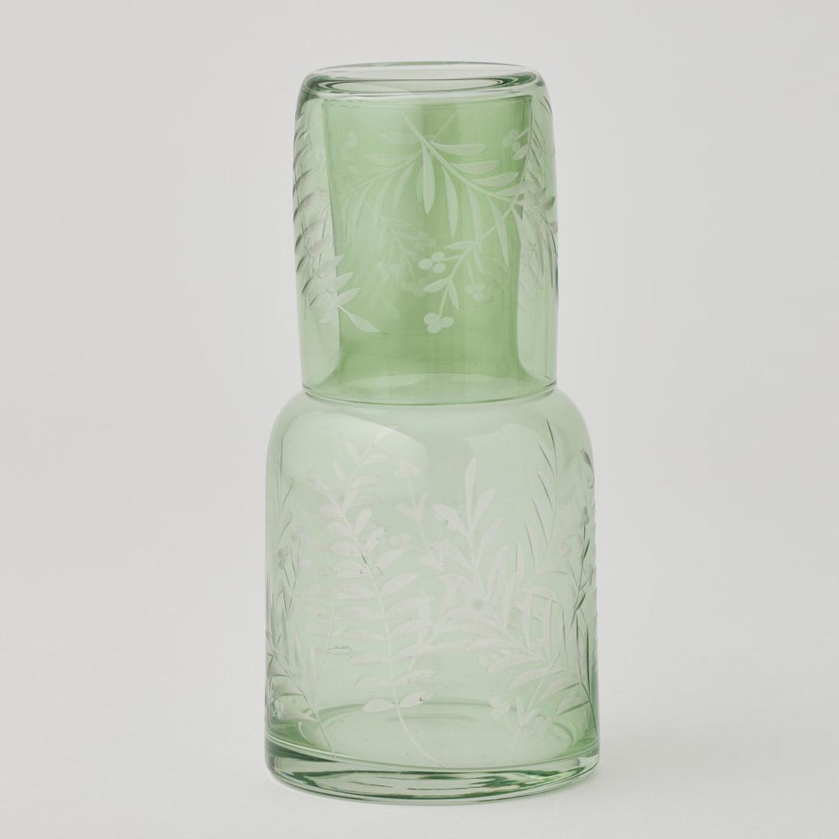 Pilbeam Living Florian Carafe Set 770mL Green – stylish green glass carafe and matching tumbler with delicate etched leaf pattern