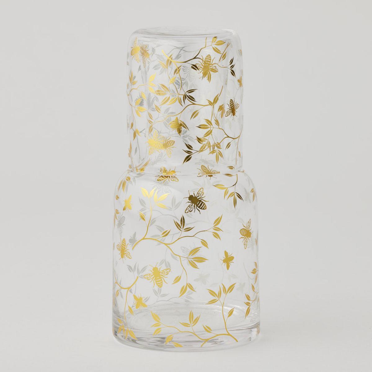 Pilbeam Living Bee Carafe Set 770mL – decorative carafe and glass set featuring gold bees and leaves, perfect for bedside or table use
