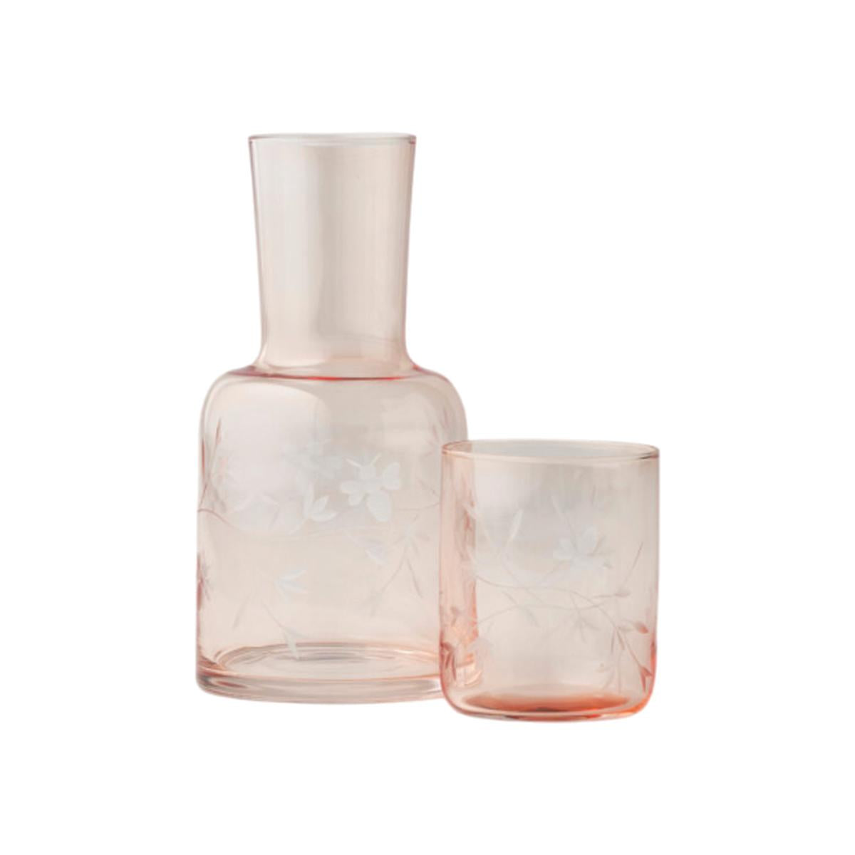 Pilbeam Living Blooming Bee Carafe Set Pink 770ml with etched floral design and matching glass