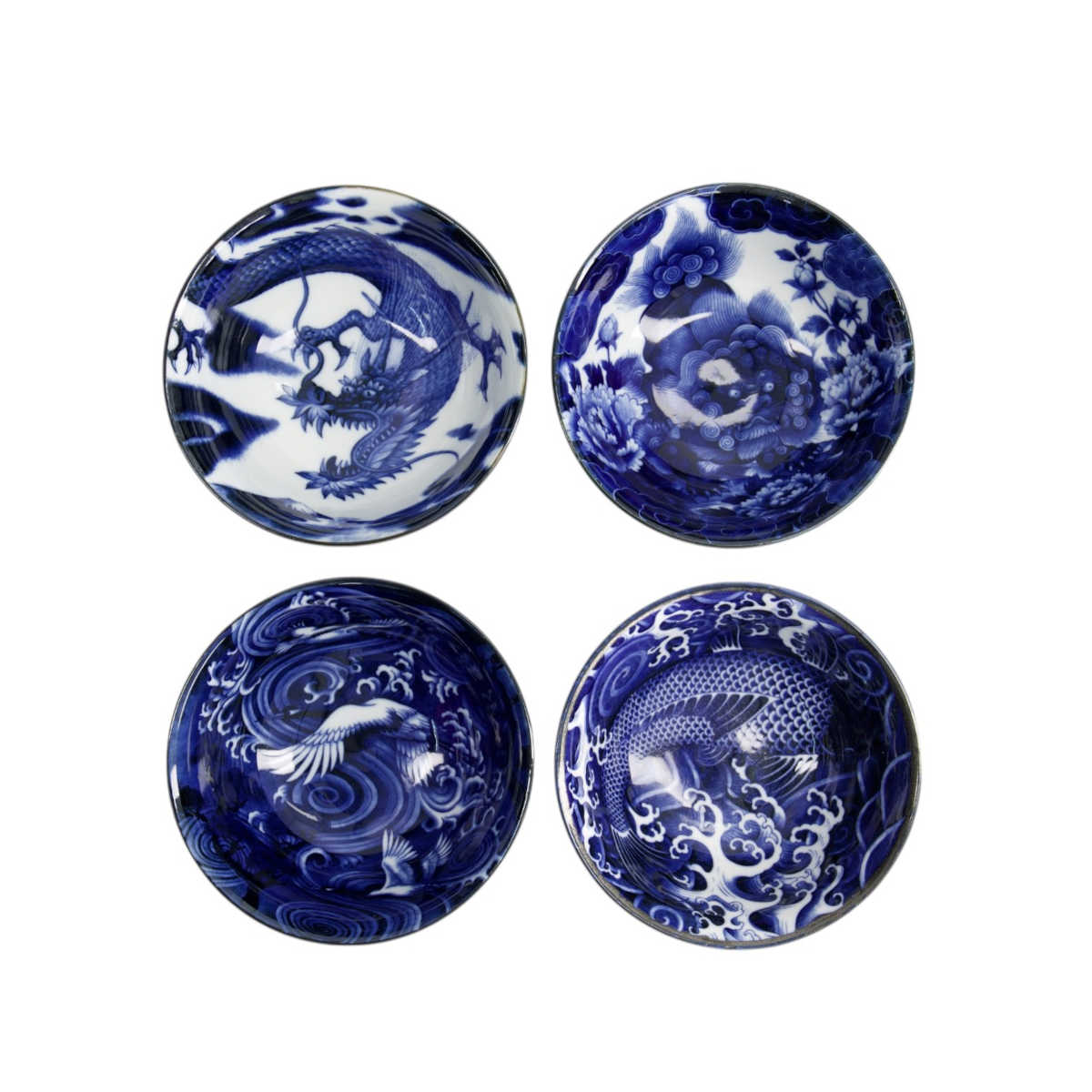 Tokyo Design Japonism Bowl Blue 4 Piece Set – top view featuring koi, dragon, crane & floral motifs