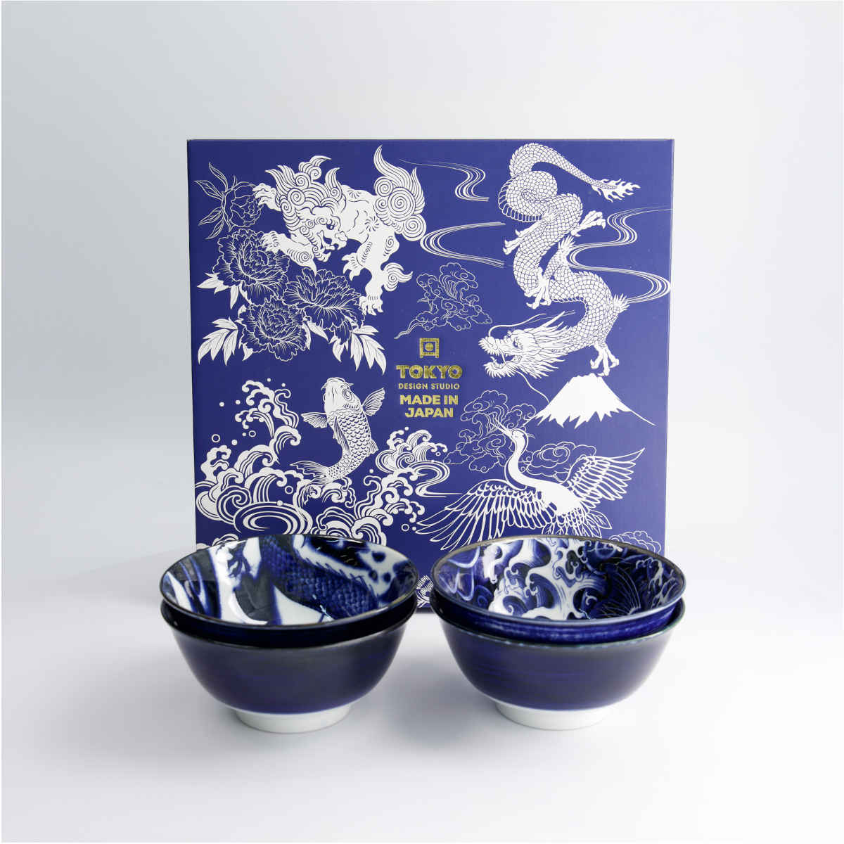 Tokyo Design Japonism Bowl Blue 4 Piece Set – elegant gift box with traditional Japanese art designs