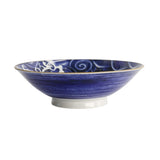 Tokyo Design Japonism Menbachi Bowl Blue Carp 25cm - Blue carp design with waves in deep indigo and gold rim.