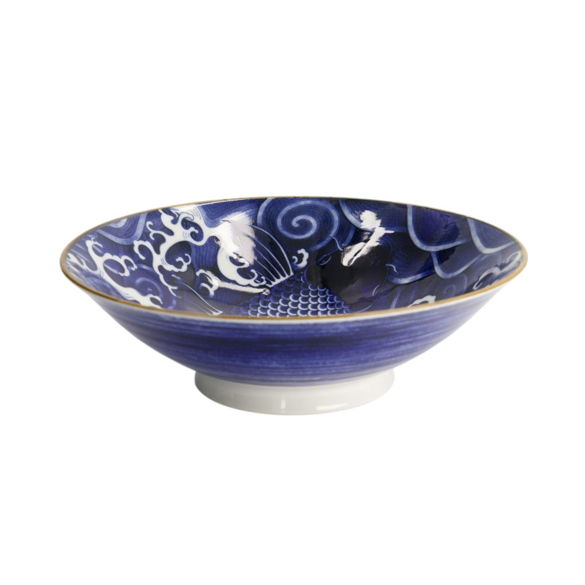 Tokyo Design Japonism Menbachi Bowl Blue Carp 25cm - Side angle showing carp motif inside deep curved bowl