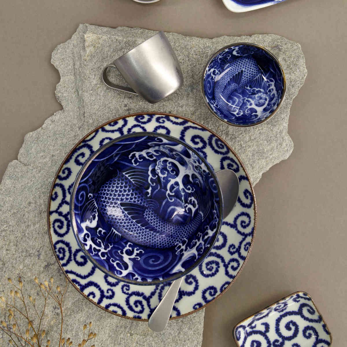 Tokyo Design Japonism Menbachi Bowl Blue Carp 25cm - Styled among Japonism collection, featuring carp motif centerpiece