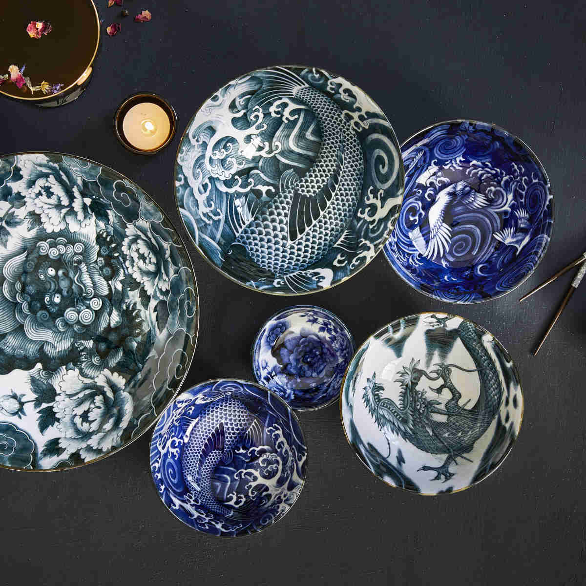 Tokyo Design Japonism Menbachi Bowl Blue Carp 25cm - Plated table setting with carp bowl matched to swirl designs