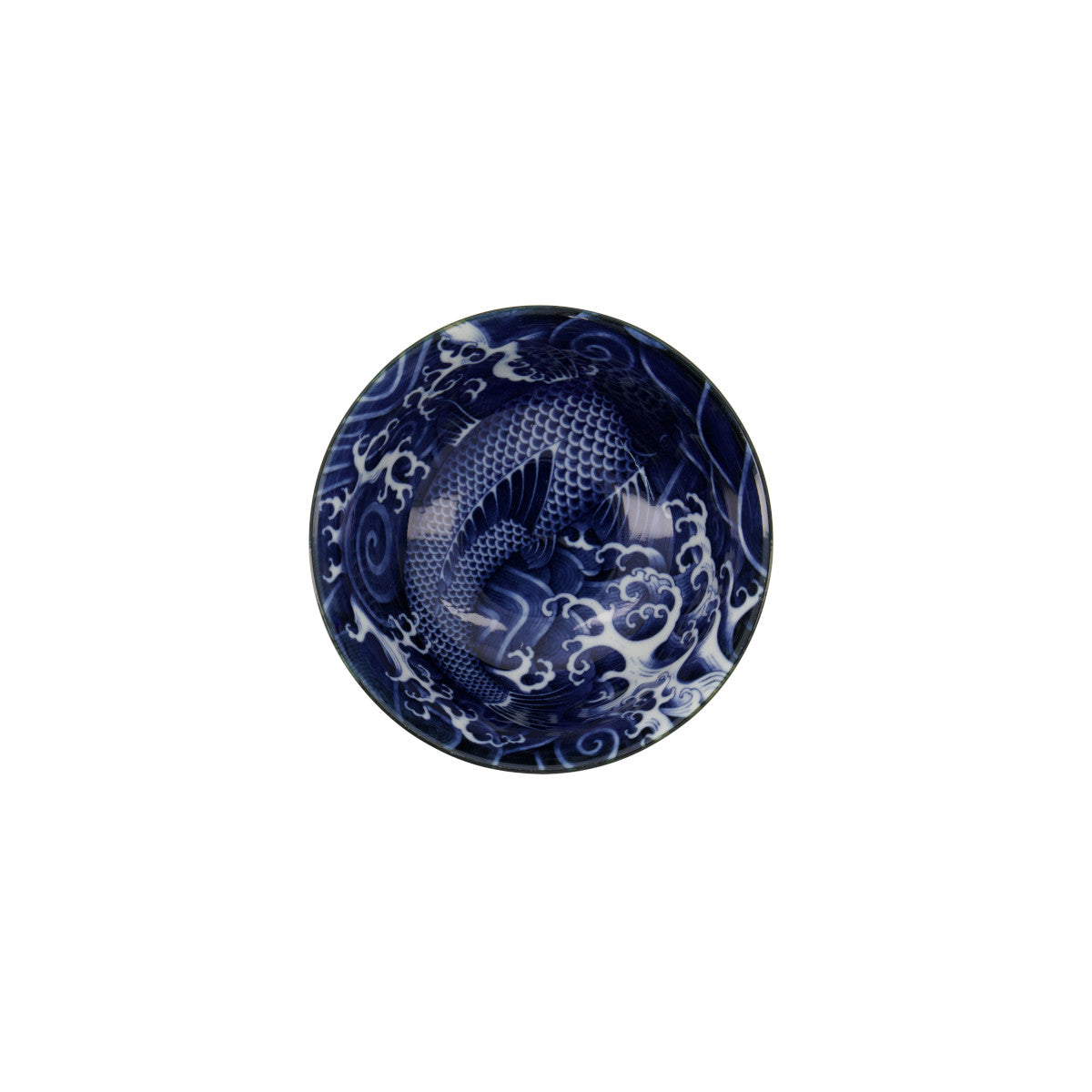 Tokyo Design Japonism Tayo Bowl Blue Carp 12cm – top view showing koi fish and wave motif