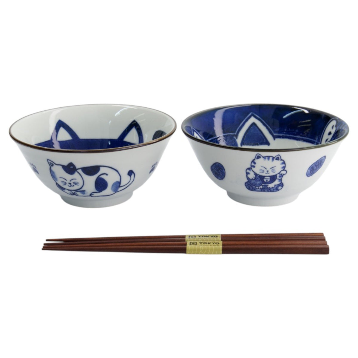 Tokyo Design Kawaii 2 Piece Neko Cat Bowl with Chopstick Blue, angled view of bowls showing cat illustrations with chopsticks on white background