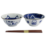 Tokyo Design Kawaii 2 Piece Neko Cat Bowl with Chopstick Blue, angled view of bowls showing cat illustrations with chopsticks on white background