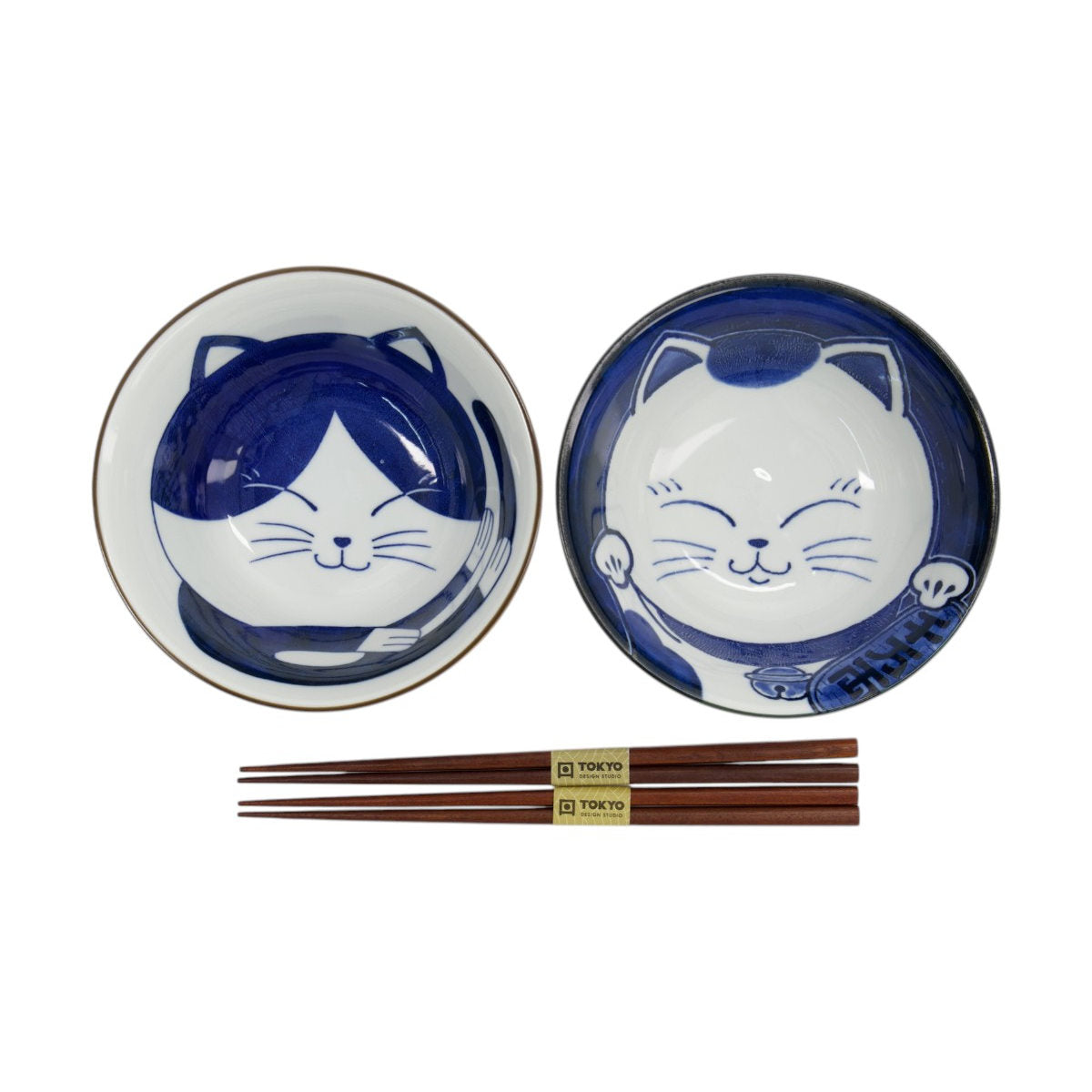 Tokyo Design Kawaii 2 Piece Neko Cat Bowl with Chopstick Blue, top view of two cat design bowls with chopsticks on white background