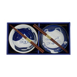 Tokyo Design Kawaii 2 Piece Neko Cat Bowl with Chopstick Blue, top view inside gift box showing bowls and chopsticks neatly arranged