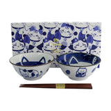 Tokyo Design Kawaii 2 Piece Neko Cat Bowl with Chopstick Blue, product set with gift box and bowls with chopsticks on white background