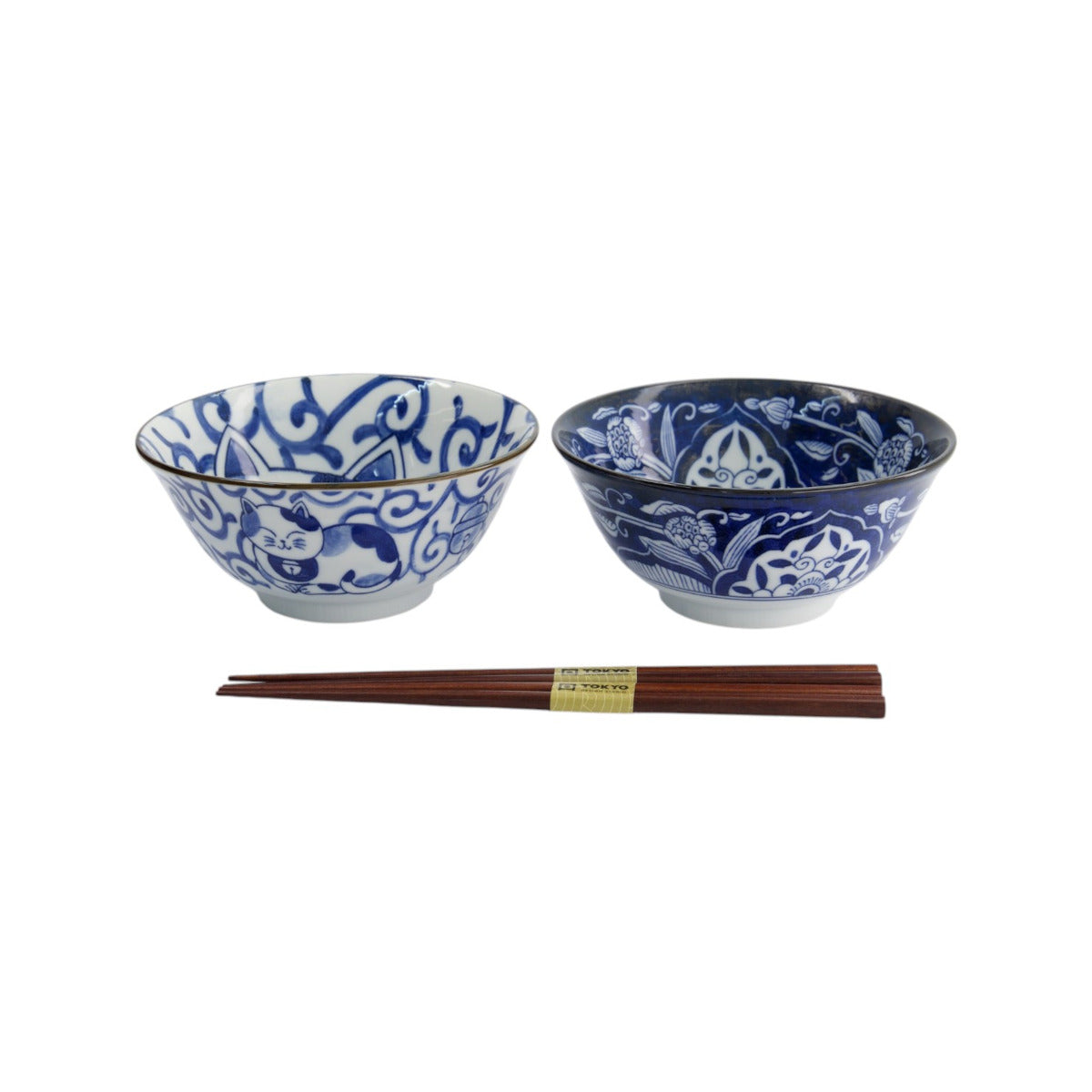 Tokyo Design Kawaii Cat Neko Bowl Chopsticks Set 2 Piece – Blue cat motif bowls with matching chopsticks