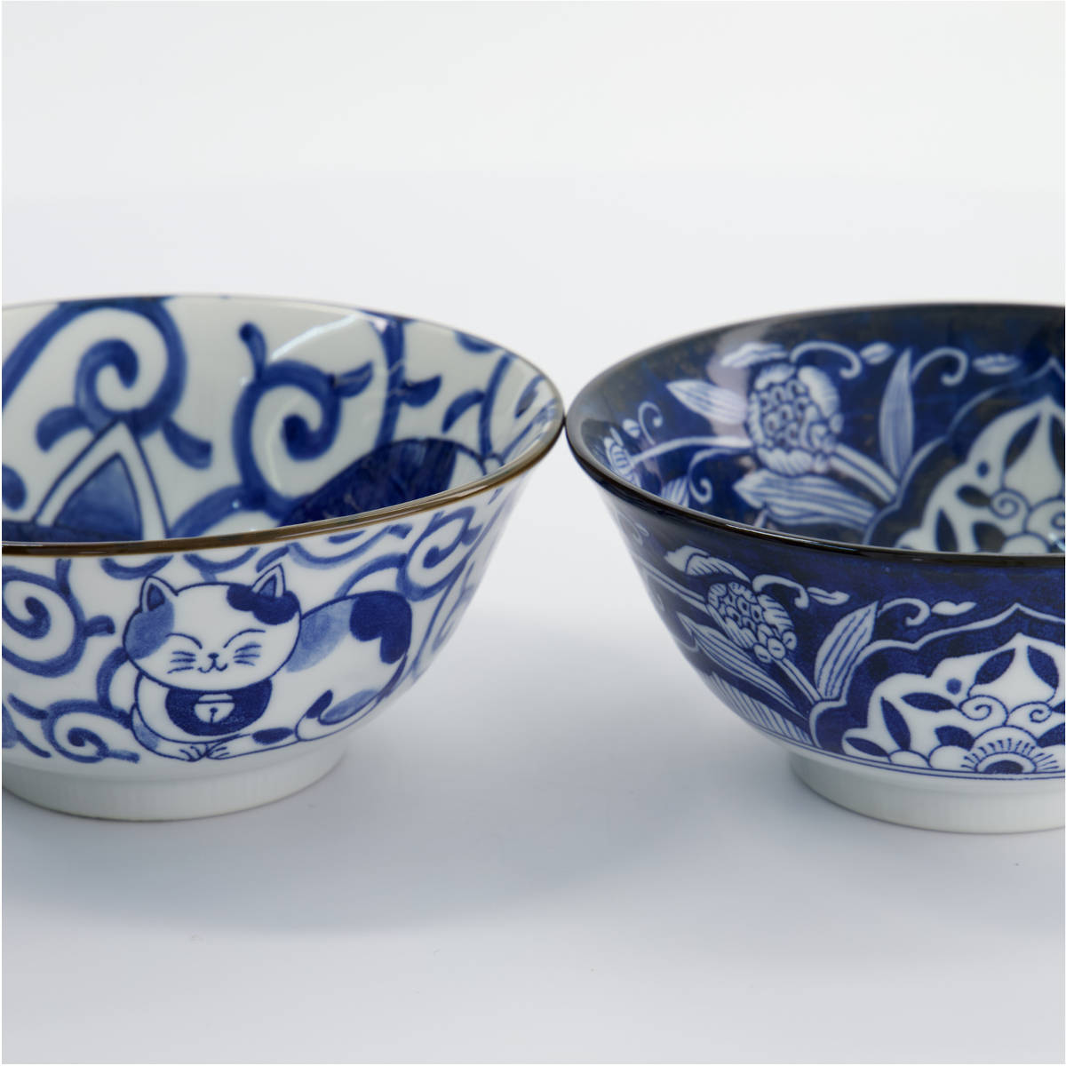 Tokyo Design Kawaii Cat Neko Bowl Chopsticks Set 2 Piece – Close-up of detailed blue cat designs on bowls