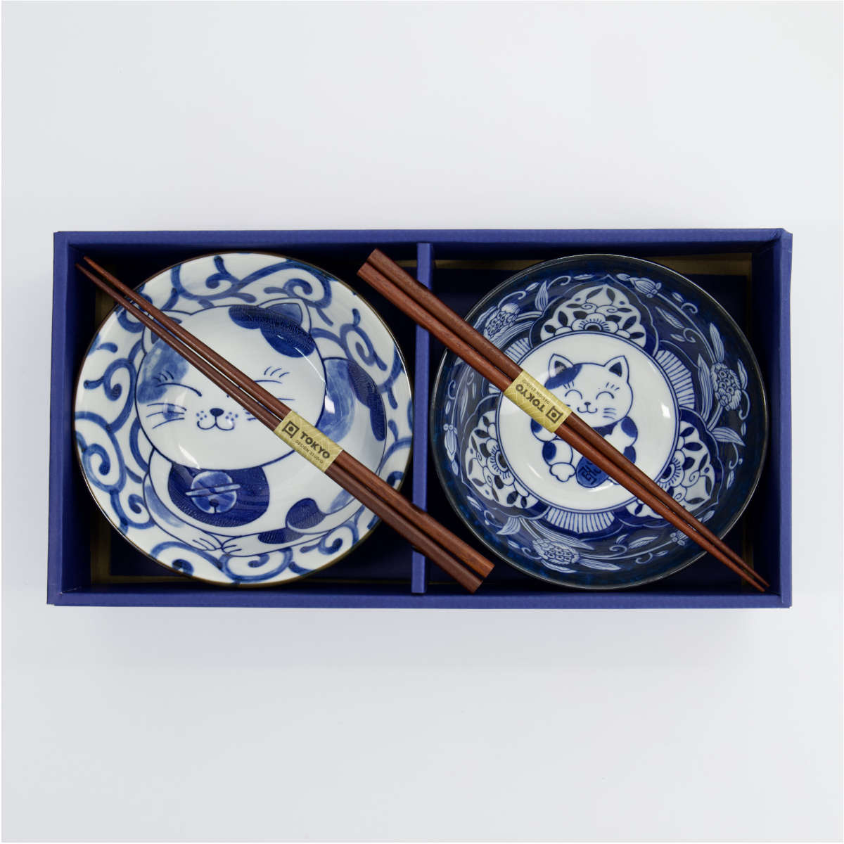 Tokyo Design Kawaii Cat Neko Bowl Chopsticks Set 2 Piece – Top view of cat bowls with chopsticks in gift box