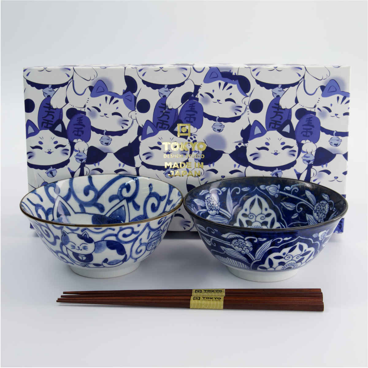 Tokyo Design Kawaii Cat Neko Bowl Chopsticks Set 2 Piece – Gift box with 2 blue bowls and wooden chopsticks