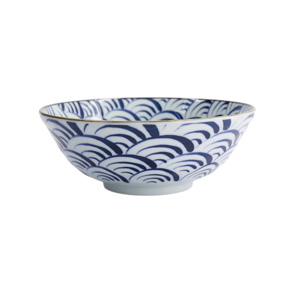 Tokyo Design Natsu Nami Ramen Bowl Blue 21cm – side view with traditional blue wave pattern