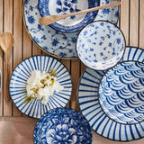 Tokyo Design Natsu Nami Ramen Bowl Blue 21cm – styled table setting with assorted blue patterned bowls and plates