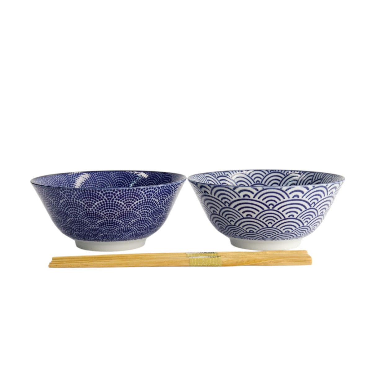 Tokyo Design Nippon Blue Tayo Bowls and Chopsticks Set of 2.1 – Two patterned blue bowls with chopsticks