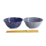 Tokyo Design Nippon Blue Tayo Bowls and Chopsticks Set of 2.6 – Angled view of stacked bowls with chopsticks