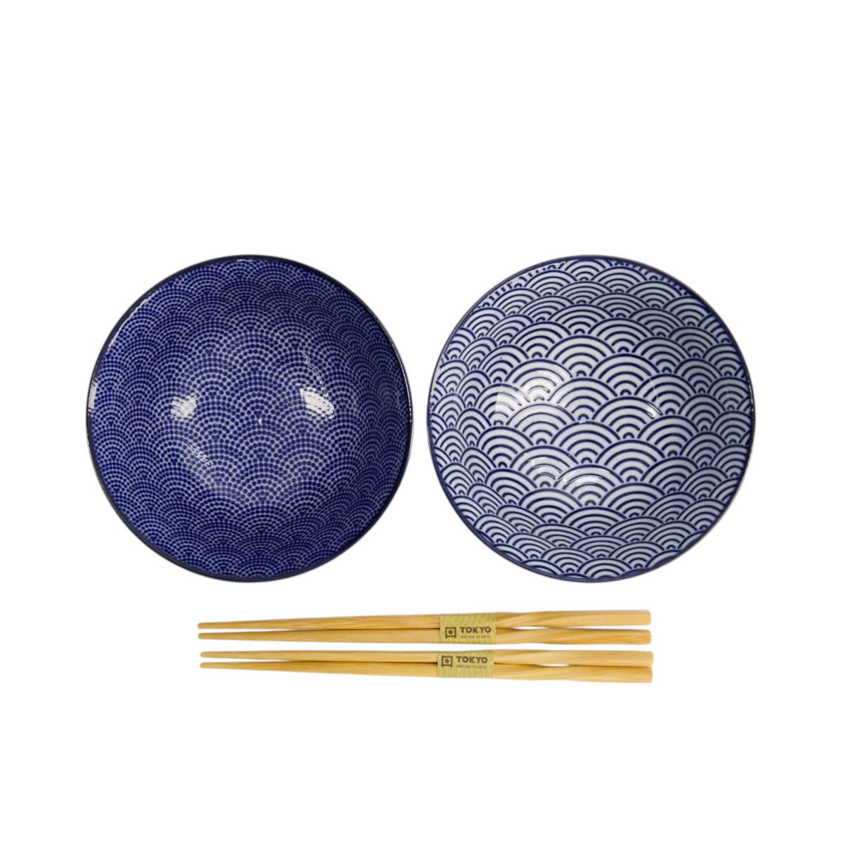 Tokyo Design Nippon Blue Tayo Bowls and Chopsticks Set of 2.4 – Top view of boxed set with two bowls and chopsticks