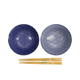 Tokyo Design Nippon Blue Tayo Bowls and Chopsticks Set of 2.4 – Top view of boxed set with two bowls and chopsticks