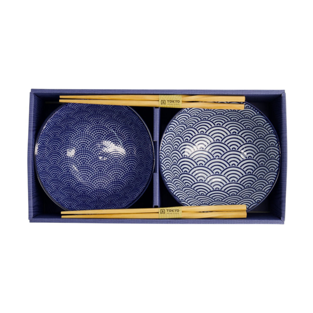 Tokyo Design Nippon Blue Tayo Bowls and Chopsticks Set of 2.5 – Two patterned bowls side by side with chopsticks