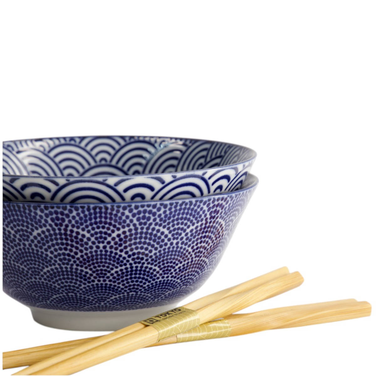 Tokyo Design Nippon Blue Tayo Bowls and Chopsticks Set of 2.2 – Close-up of two blue patterned bowls with chopsticks