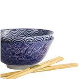 Tokyo Design Nippon Blue Tayo Bowls and Chopsticks Set of 2.2 – Close-up of two blue patterned bowls with chopsticks