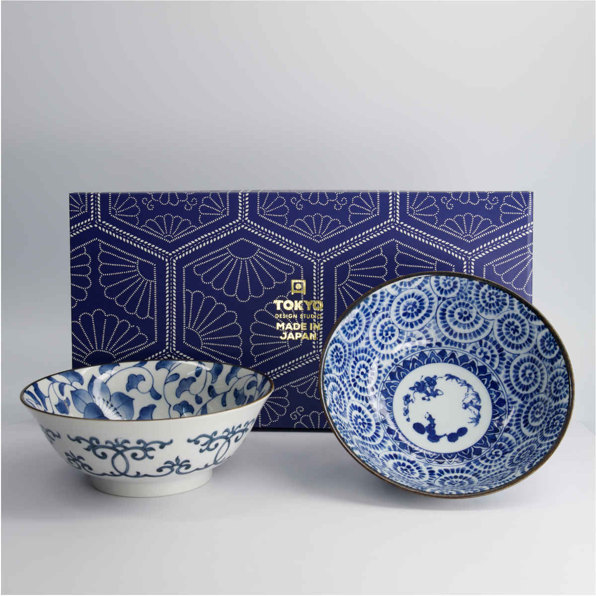 Tokyo Design Tokyo Blue Bowl Set Blue 2 Piece – displayed with decorative gift box behind