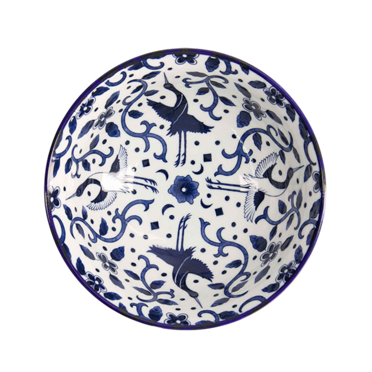 Tokyo Design Tokyo Blue Maizuru Bowl Blue 21cm – top view of crane and floral interior design