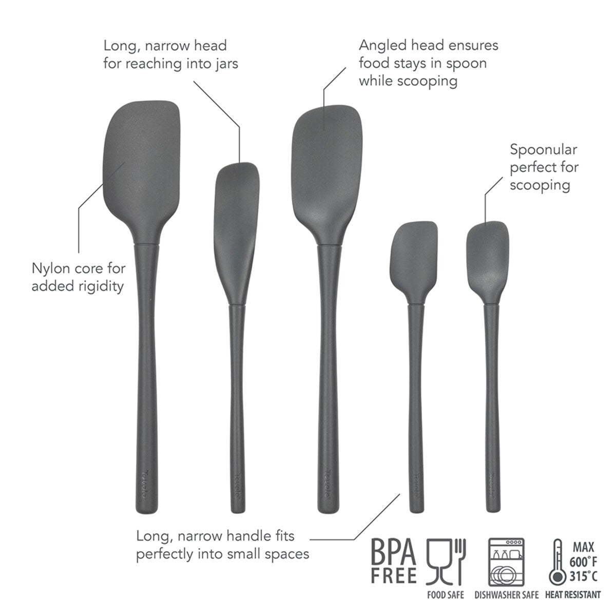 Tovolo charcoal spatula set showing design details and BPA free dishwasher safe icons