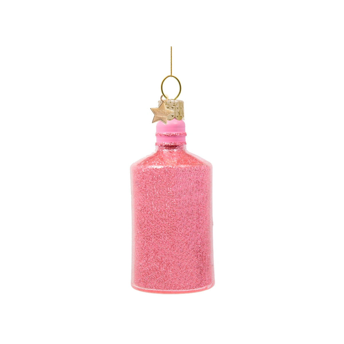 Vondels Glass Gin Bottle Ornament Pink 10cm – glitter pink gin bottle ornament with gold details