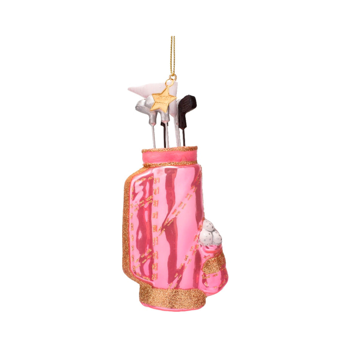 Vondels Glass Golf Bag Ornament Pink 14cm – playful pink golf bag with glitter accents