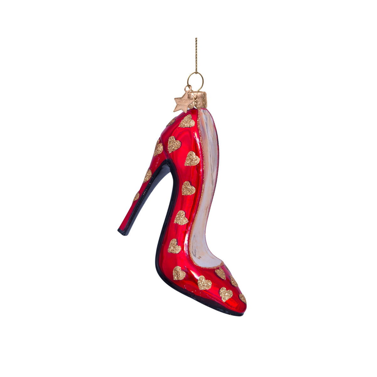 Vondels Glass Hearts High Heel Red Gold Ornament 10cm – glamorous red stiletto ornament with golden heart accents