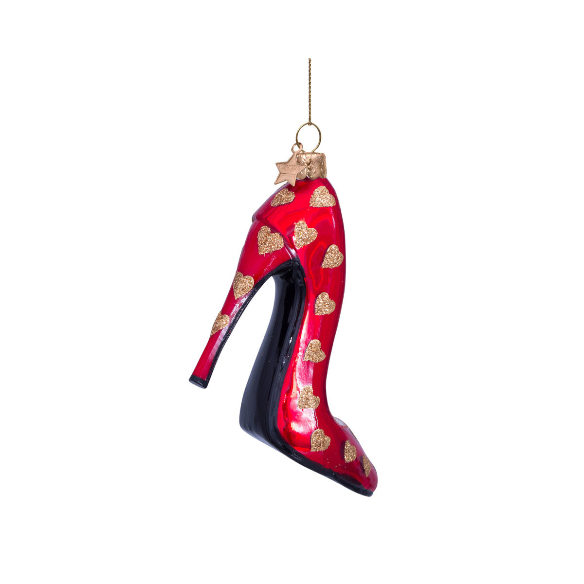 Vondels Glass Hearts High Heel Red Gold Ornament 10cm – glamorous red stiletto ornament with golden heart accents