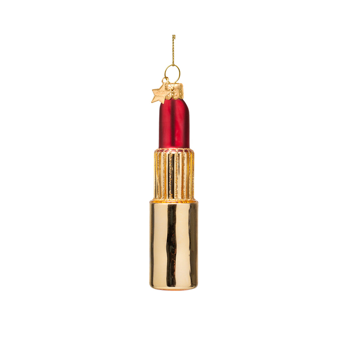 Vondels Glass Lipstick Red 11cm – chic red lipstick ornament in glossy gold casing