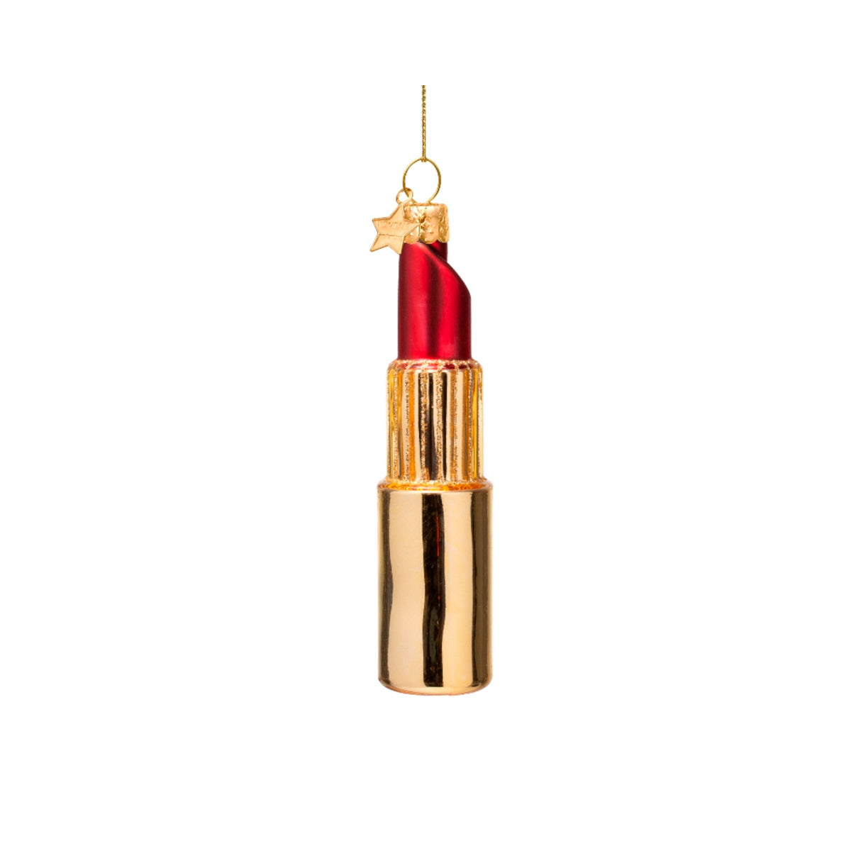 Vondels Glass Lipstick Red 11cm – chic red lipstick ornament in glossy gold casing