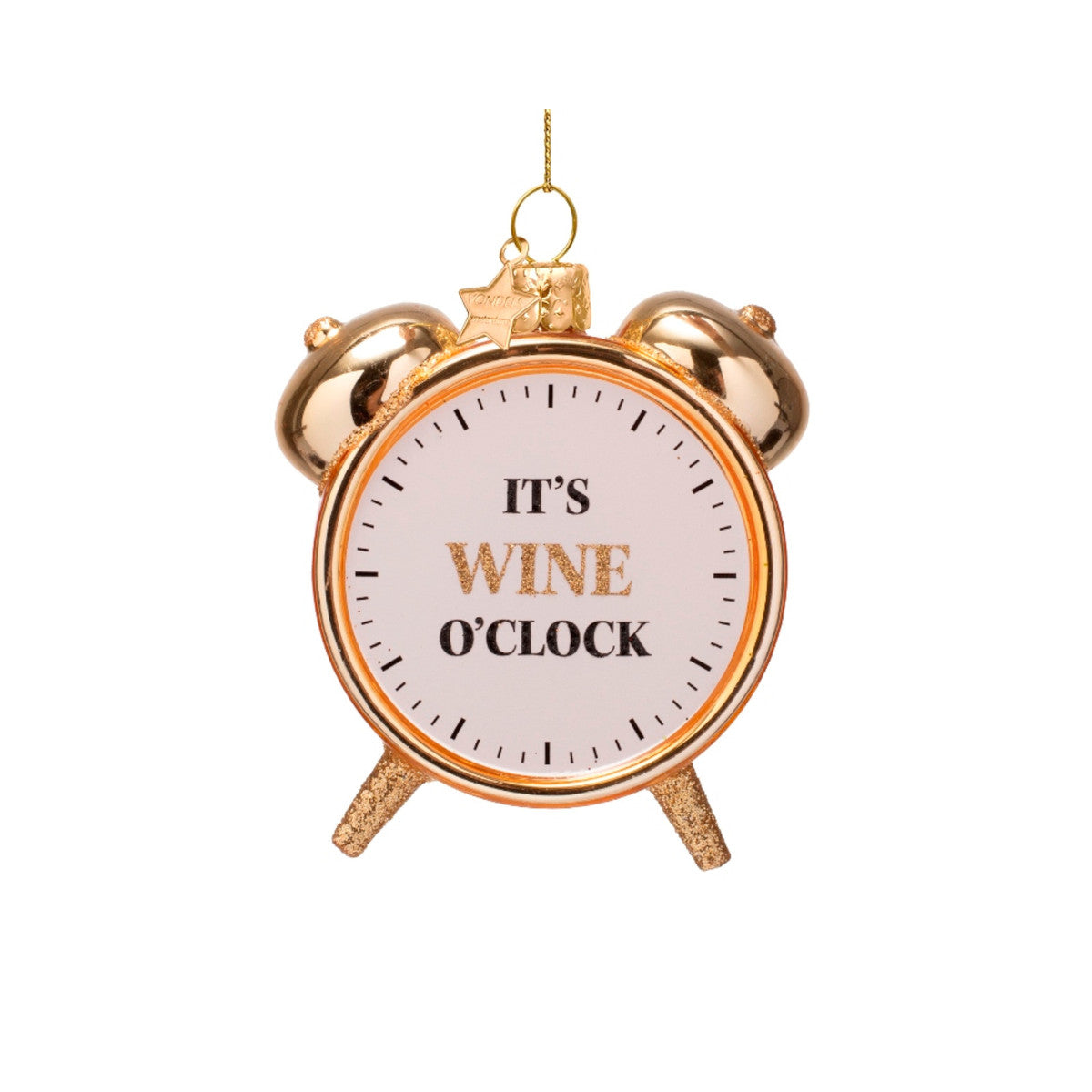 Vondels Glass Wine O'Clock Alarm Ornament 9cm – playful glass clock ornament with “It’s Wine O’Clock” design