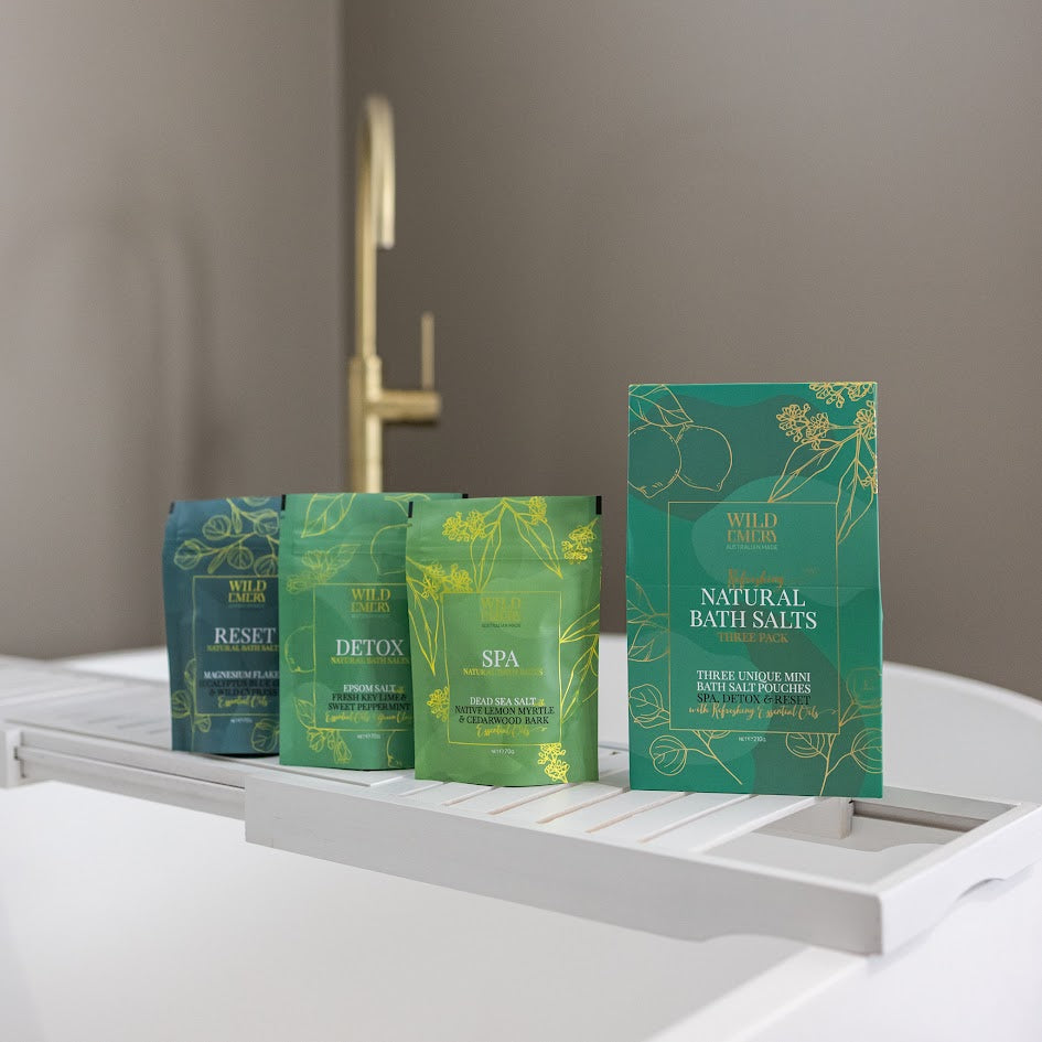 Wild Emery Refreshing Bath Salts Pack of 3 – natural bath salts with essential oils for relaxation and self-care.