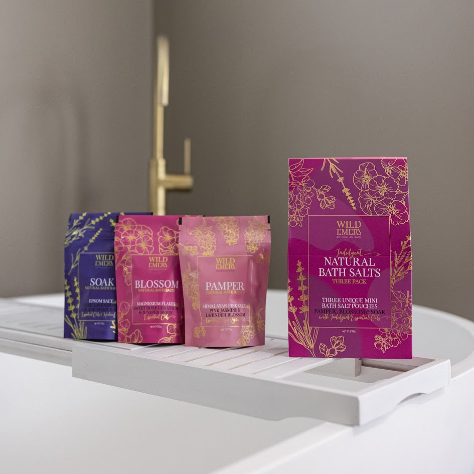 Wild Emery Indulgent Bath Salts Pack of 3 – natural bath salt pouches with essential oils for a luxurious soak.