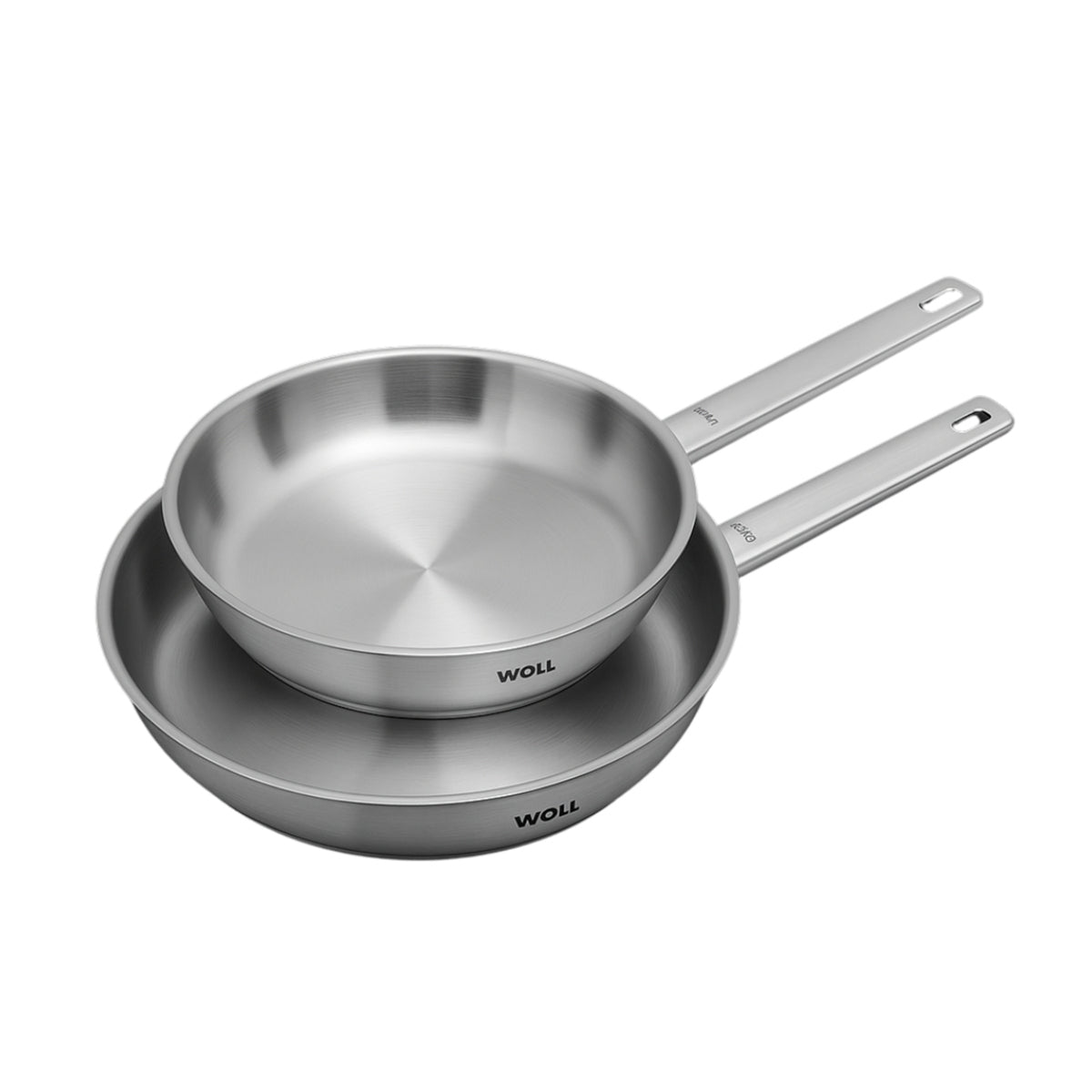 Set of two Woll stainless steel frypans 20cm and 28cm stacked together